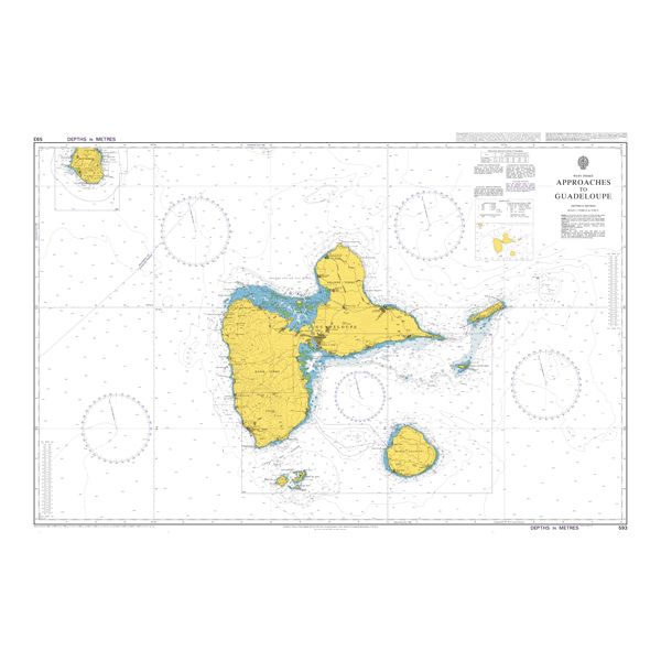 Product image of Admiralty Chart 593 | Approaches to Guadeloupe, featuring navigational markings, depth soundings, and coastal features, essential for safe marine navigation. It could be displayed as an art piece or used for navigation on a boat or ship.