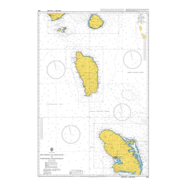 Product image of Admiralty Chart 594 | Southern Guadeloupe to Northern Martinique, featuring navigational markings, depth soundings, and coastal features, essential for safe marine navigation. It could be displayed as an art piece or used for navigation on a boat or ship.