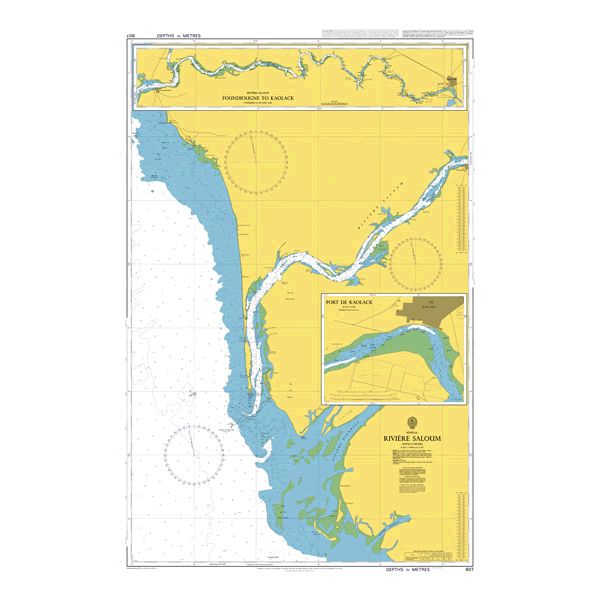 Product image of Admiralty Chart 607 | Riviere Saloum, featuring navigational markings, depth soundings, and coastal features, essential for safe marine navigation. It could be displayed as an art piece or used for navigation on a boat or ship.