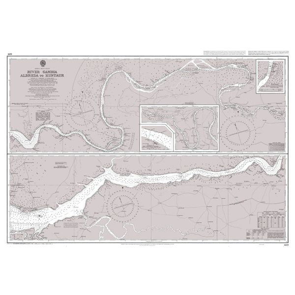 Product image of Admiralty Chart 609 | River Gambia Albreda to Kuntaur, featuring navigational markings, depth soundings, and coastal features, essential for safe marine navigation. It could be displayed as an art piece or used for navigation on a boat or ship.