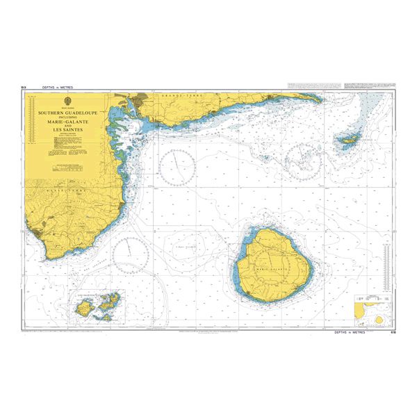 Product image of Admiralty Chart 618 | Southern Guadeloupe including Marie-Galante and Les Saintes, featuring navigational markings, depth soundings, and coastal features, essential for safe marine navigation. It could be displayed as an art piece or used for navigation on a boat or ship.