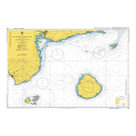 Product image of Admiralty Chart 618 | Southern Guadeloupe including Marie-Galante and Les Saintes, featuring navigational markings, depth soundings, and coastal features, essential for safe marine navigation. It could be displayed as an art piece or used for navigation on a boat or ship.
