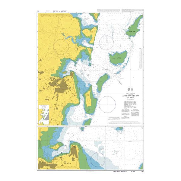Product image of Admiralty Chart 663 | Approaches to Tanga, featuring navigational markings, depth soundings, and coastal features, essential for safe marine navigation. It could be displayed as an art piece or used for navigation on a boat or ship.