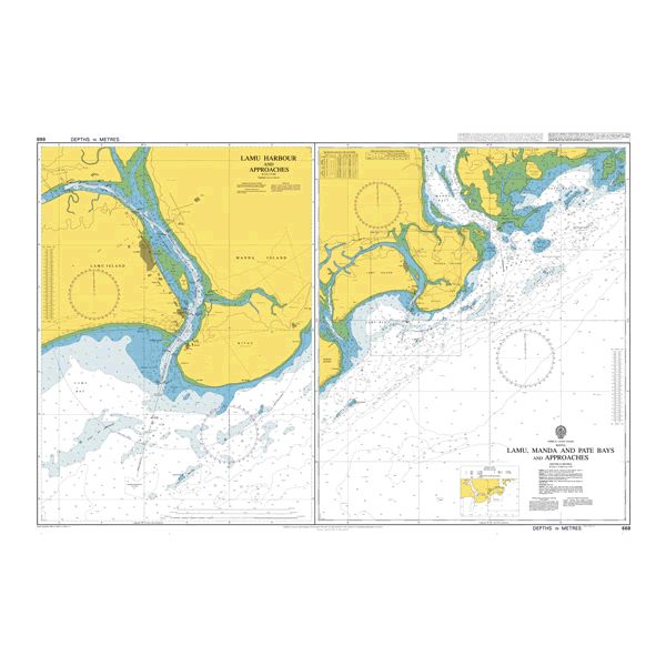 Product image of Admiralty Chart 668 | Lamu, Manda and Pate Bays and Approaches, featuring navigational markings, depth soundings, and coastal features, essential for safe marine navigation. It could be displayed as an art piece or used for navigation on a boat or ship.