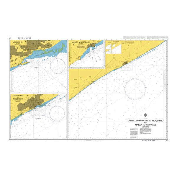 Product image of Admiralty Chart 671 | Outer Approaches to Muqdisho and Marka Anchorage, featuring navigational markings, depth soundings, and coastal features, essential for safe marine navigation. It could be displayed as an art piece or used for navigation on a boat or ship.