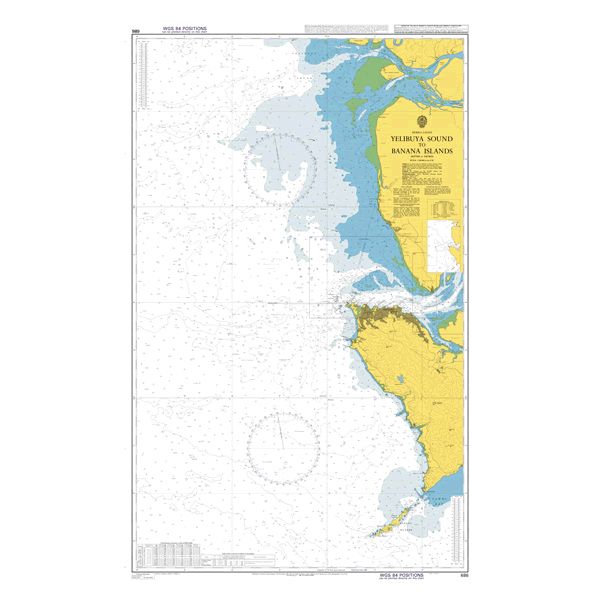 Product image of Admiralty Chart 686 | Yelibuya Sound to Banana Islands, featuring navigational markings, depth soundings, and coastal features, essential for safe marine navigation. It could be displayed as an art piece or used for navigation on a boat or ship.