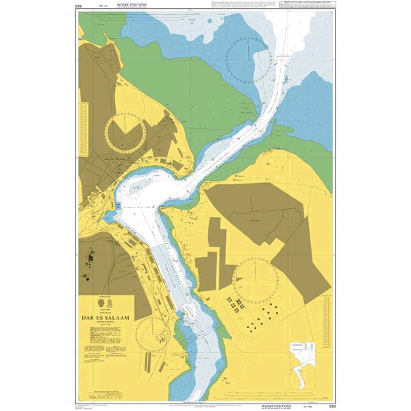 Product image of Admiralty Chart 693 | Dar es Salaam, featuring navigational markings, depth soundings, and coastal features, essential for safe marine navigation. It could be displayed as an art piece or used for navigation on a boat or ship.