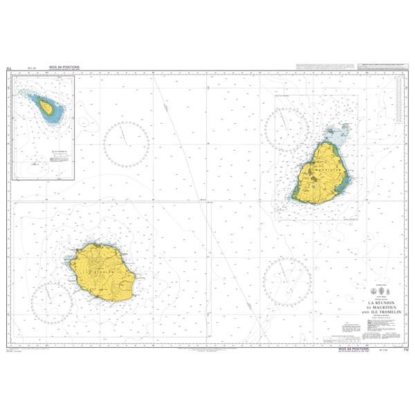 Product image of Admiralty Chart 712 | La Reunion to Mauritius and Ile Tromelin, featuring navigational markings, depth soundings, and coastal features, essential for safe marine navigation. It could be displayed as an art piece or used for navigation on a boat or ship.