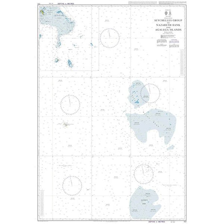 Product image of Admiralty Chart 717 | Seychelles Group to Nazareth Bank and Agalega Islands, featuring navigational markings, depth soundings, and coastal features, essential for safe marine navigation. It could be displayed as an art piece or used for navigation on a boat or ship.