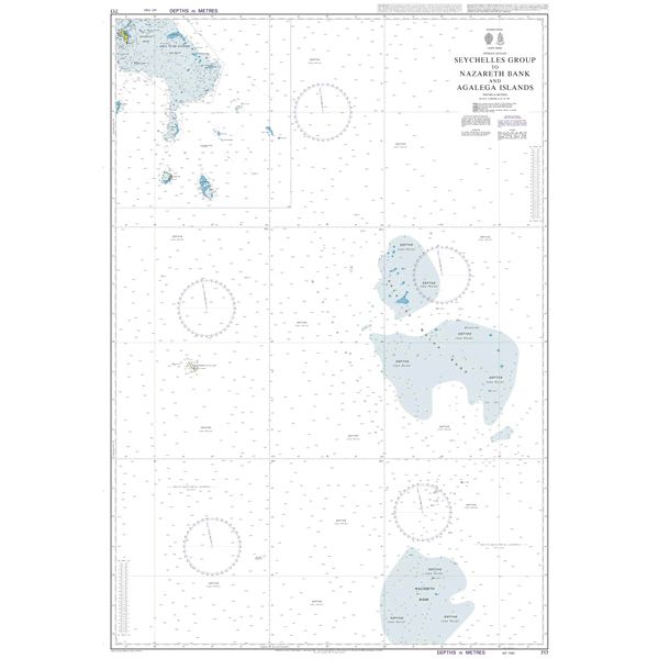 Product image of Admiralty Chart 717 | Seychelles Group to Nazareth Bank and Agalega Islands, featuring navigational markings, depth soundings, and coastal features, essential for safe marine navigation. It could be displayed as an art piece or used for navigation on a boat or ship.