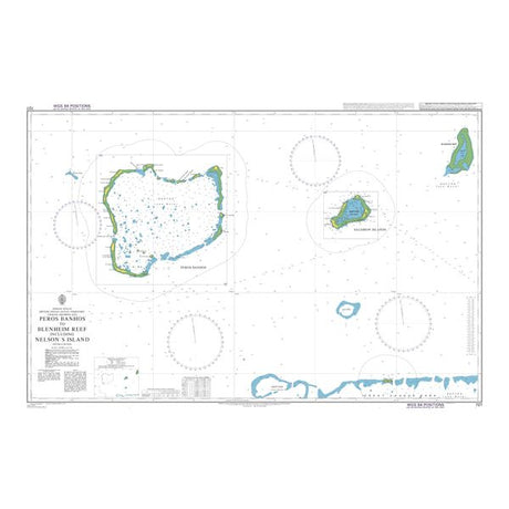 Product image of Admiralty Chart 727 | Peros Banhos to Blenheim Reef including Nelson's Island, featuring navigational markings, depth soundings, and coastal features, essential for safe marine navigation. It could be displayed as an art piece or used for navigation on a boat or ship.