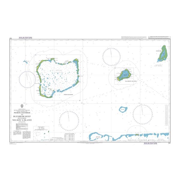 Product image of Admiralty Chart 727 | Peros Banhos to Blenheim Reef including Nelson's Island, featuring navigational markings, depth soundings, and coastal features, essential for safe marine navigation. It could be displayed as an art piece or used for navigation on a boat or ship.