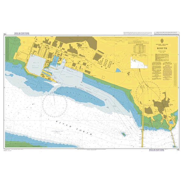 Product image of Admiralty Chart 728 | Rosyth, featuring navigational markings, depth soundings, and coastal features, essential for safe marine navigation. It could be displayed as an art piece or used for navigation on a boat or ship.
