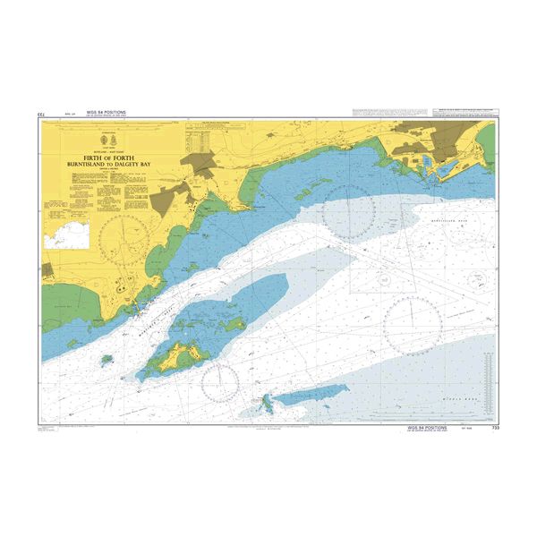 Product image of Admiralty Chart 733 | Firth of Forth Burntisland to Dalgety Bay, featuring navigational markings, depth soundings, and coastal features, essential for safe marine navigation. It could be displayed as an art piece or used for navigation on a boat or ship.