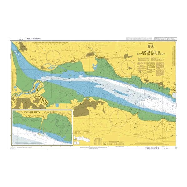 Product image of Admiralty Chart 737 | River Forth Rosyth to Kincardine, featuring navigational markings, depth soundings, and coastal features, essential for safe marine navigation. It could be displayed as an art piece or used for navigation on a boat or ship.