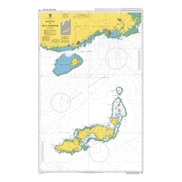 Product image of Admiralty Chart 745 | Kadavu to Suva Harbour, featuring navigational markings, depth soundings, and coastal features, essential for safe marine navigation. It could be displayed as an art piece or used for navigation on a boat or ship.