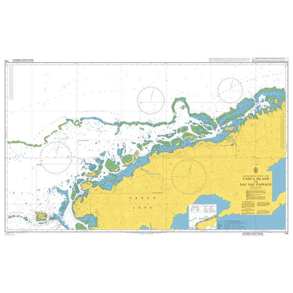 Product image of Admiralty Chart 749 | Yadua Island to Sau Sau Passage, featuring navigational markings, depth soundings, and coastal features, essential for safe marine navigation. It could be displayed as an art piece or used for navigation on a boat or ship.