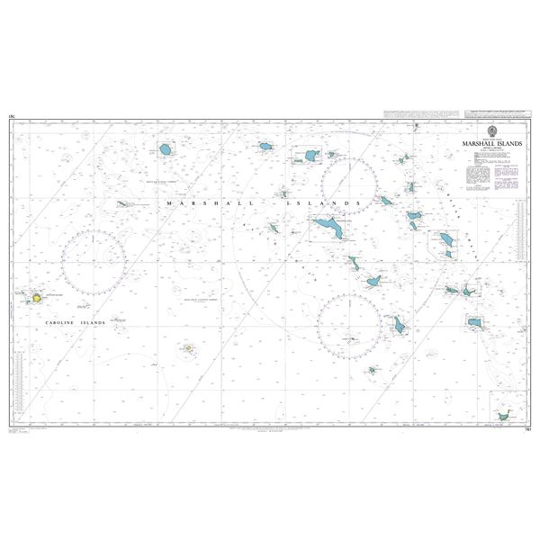 Product image of Admiralty Chart 761 | Marshall Islands, featuring navigational markings, depth soundings, and coastal features, essential for safe marine navigation. It could be displayed as an art piece or used for navigation on a boat or ship.