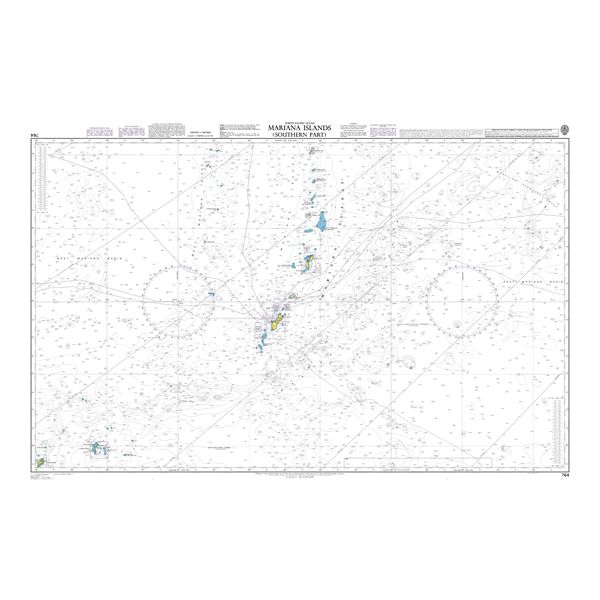 Product image of Admiralty Chart 764 | Mariana Islands (Southern Part), featuring navigational markings, depth soundings, and coastal features, essential for safe marine navigation. It could be displayed as an art piece or used for navigation on a boat or ship.