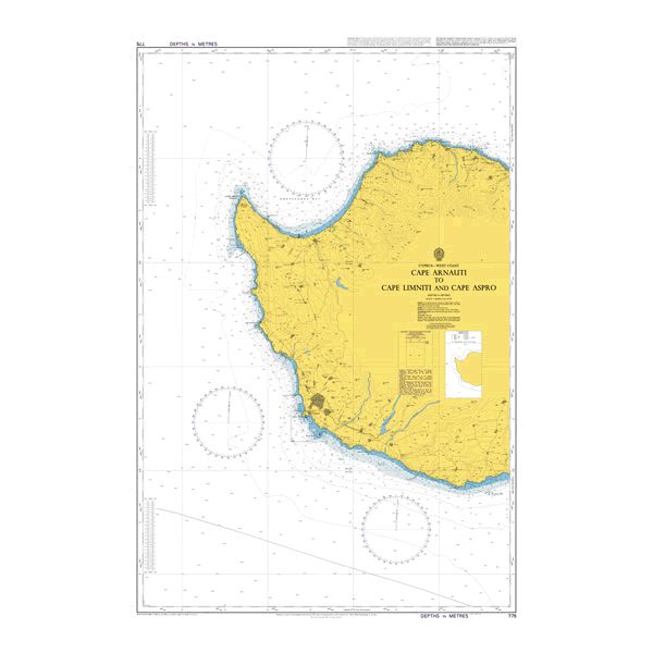 Product image of Admiralty Chart 775 | Cape Arnauti to Cape Limniti and Cape Aspro, featuring navigational markings, depth soundings, and coastal features, essential for safe marine navigation. It could be displayed as an art piece or used for navigation on a boat or ship.