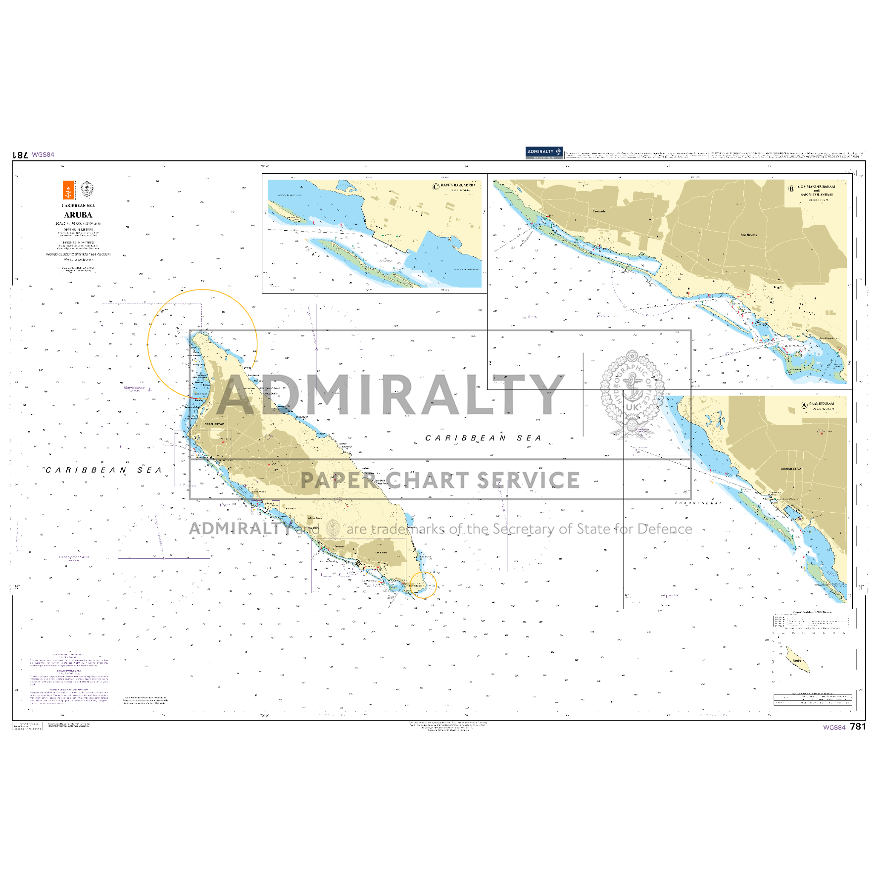 Product image of Admiralty Chart 781 | Aruba, featuring navigational markings, depth soundings, and coastal features, essential for safe marine navigation. It could be displayed as an art piece or used for navigation on a boat or ship.