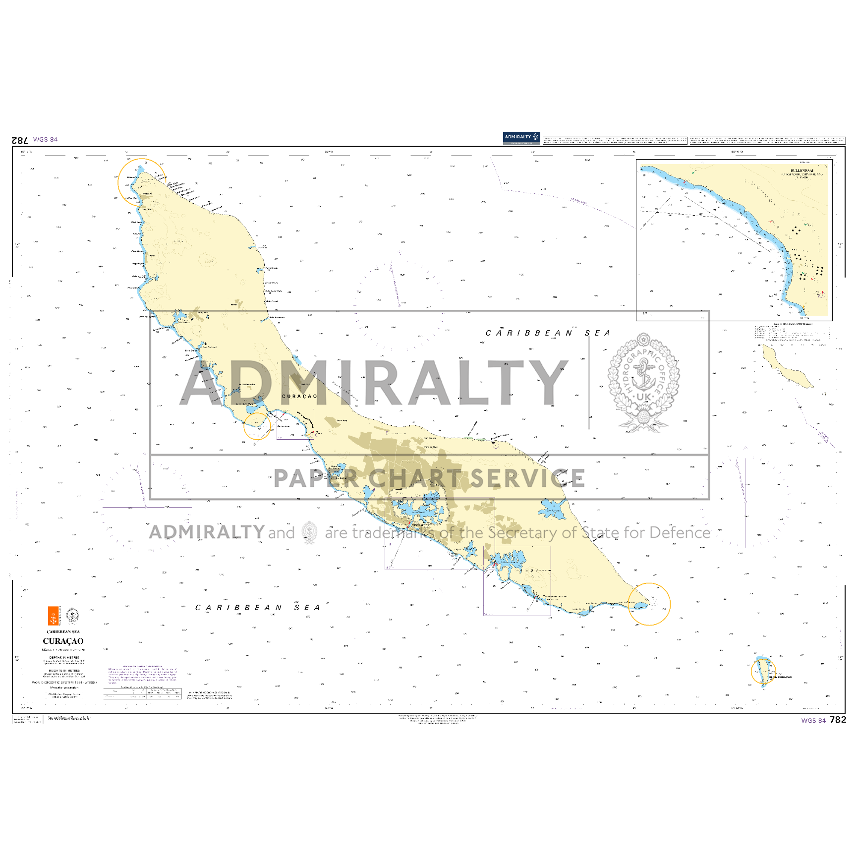 Product image of Admiralty Chart 782 | Curacao, featuring navigational markings, depth soundings, and coastal features, essential for safe marine navigation. It could be displayed as an art piece or used for navigation on a boat or ship.