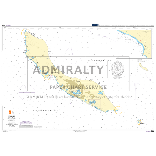 Product image of Admiralty Chart 782 | Curacao, featuring navigational markings, depth soundings, and coastal features, essential for safe marine navigation. It could be displayed as an art piece or used for navigation on a boat or ship.