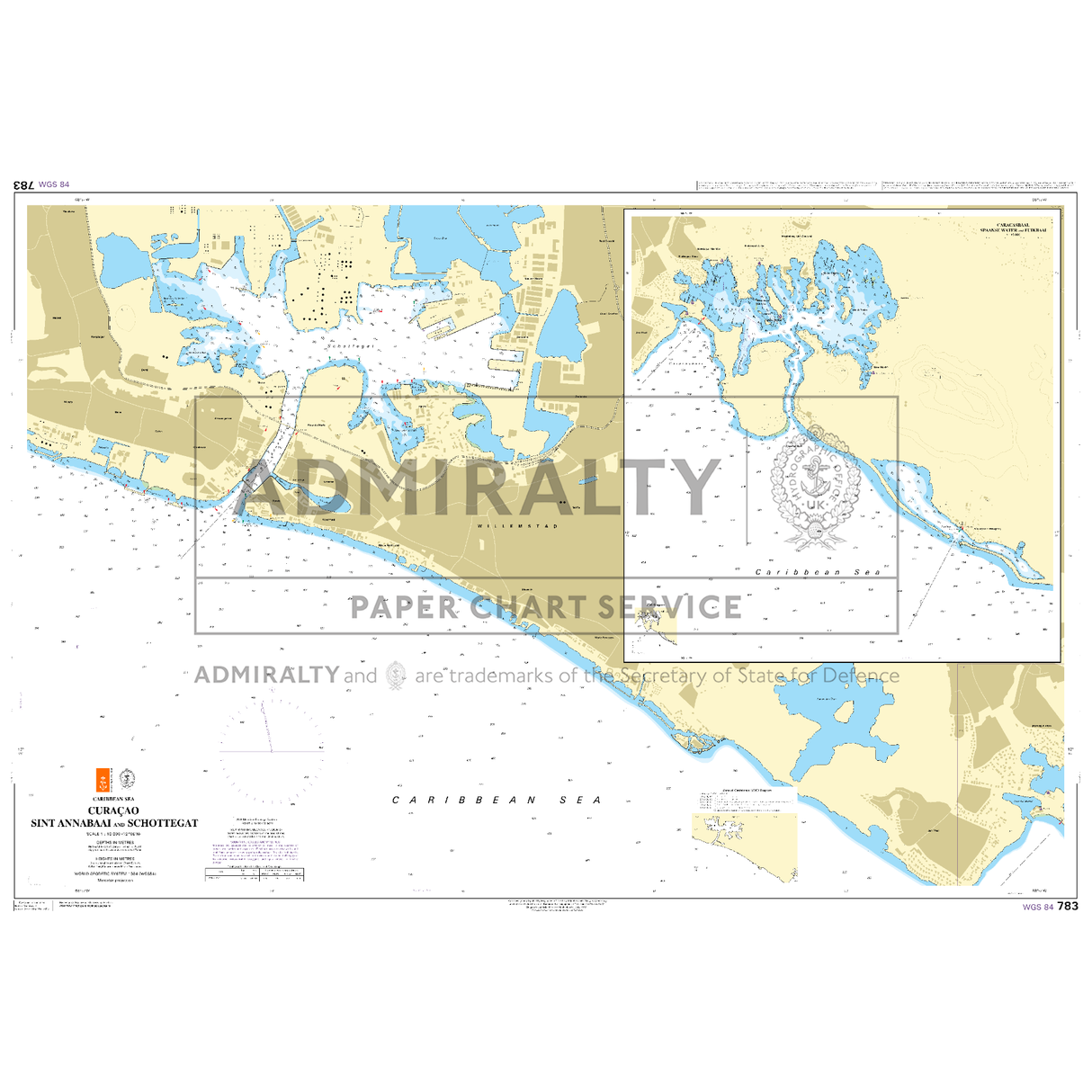 Product image of Admiralty Chart 783 | Curacao Sint Annabaai and Schottegat, featuring navigational markings, depth soundings, and coastal features, essential for safe marine navigation. It could be displayed as an art piece or used for navigation on a boat or ship.