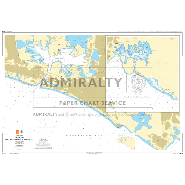 Product image of Admiralty Chart 783 | Curacao Sint Annabaai and Schottegat, featuring navigational markings, depth soundings, and coastal features, essential for safe marine navigation. It could be displayed as an art piece or used for navigation on a boat or ship.