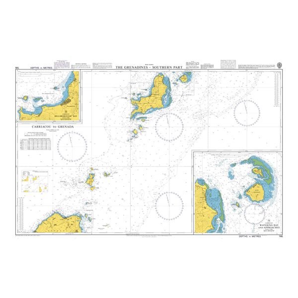 Product image of Admiralty Chart 795 | The Grenadines - Southern Part, featuring navigational markings, depth soundings, and coastal features, essential for safe marine navigation. It could be displayed as an art piece or used for navigation on a boat or ship.