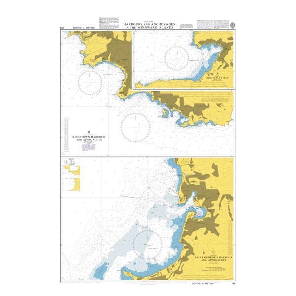 Product image of Admiralty Chart 799 | Kingstown Harbour and Approaches, featuring navigational markings, depth soundings, and coastal features, essential for safe marine navigation. It could be displayed as an art piece or used for navigation on a boat or ship.