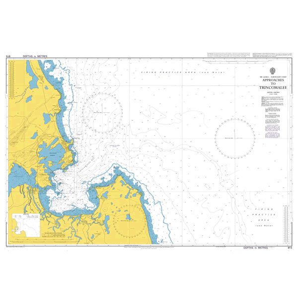 Product image of Admiralty Chart 815 | Approaches to Trincomalee, featuring navigational markings, depth soundings, and coastal features, essential for safe marine navigation. It could be displayed as an art piece or used for navigation on a boat or ship.