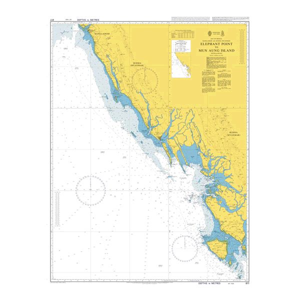 Product image of Admiralty Chart 817 | Elephant Point to Manaung (Cheduba) Island, featuring navigational markings, depth soundings, and coastal features, essential for safe marine navigation. It could be displayed as an art piece or used for navigation on a boat or ship.