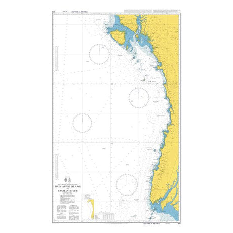 Product image of Admiralty Chart 818 | Manaung (Cheduba) Island to Pathein River, featuring navigational markings, depth soundings, and coastal features, essential for safe marine navigation. It could be displayed as an art piece or used for navigation on a boat or ship.
