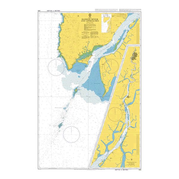 Product image of Admiralty Chart 834 | A Pathein River and Approaches, featuring navigational markings, depth soundings, and coastal features, essential for safe marine navigation. It could be displayed as an art piece or used for navigation on a boat or ship.