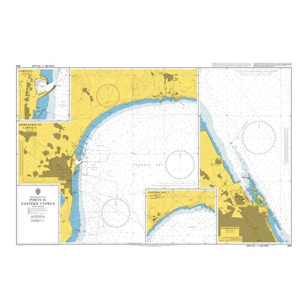 Product image of Admiralty Chart 848 | Ports in Eastern Cyprus, featuring navigational markings, depth soundings, and coastal features, essential for safe marine navigation. It could be displayed as an art piece or used for navigation on a boat or ship.