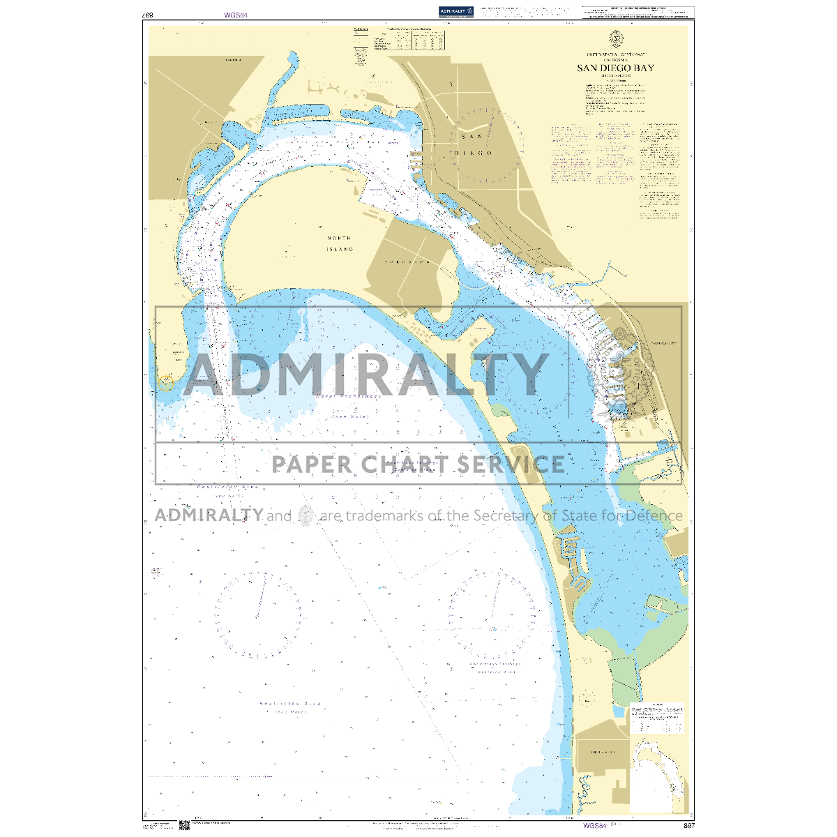 Product image of Admiralty Chart 897 | San Diego Bay, featuring navigational markings, depth soundings, and coastal features, essential for safe marine navigation. It could be displayed as an art piece or used for navigation on a boat or ship.