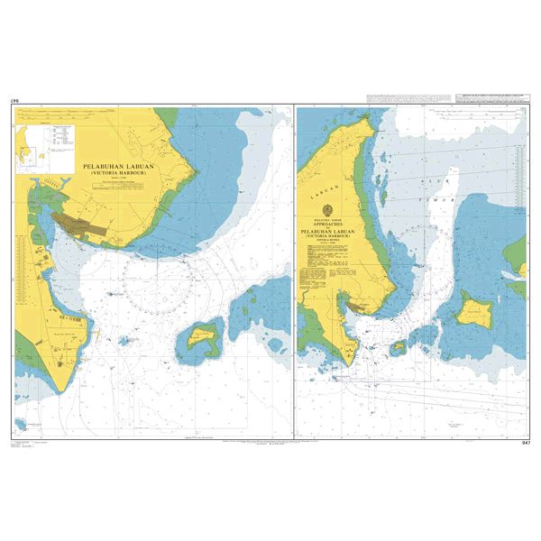 Product image of Admiralty Chart 947 | Approaches to Pelabuhan Labuan (Victoria Harbour), featuring navigational markings, depth soundings, and coastal features, essential for safe marine navigation. It could be displayed as an art piece or used for navigation on a boat or ship.