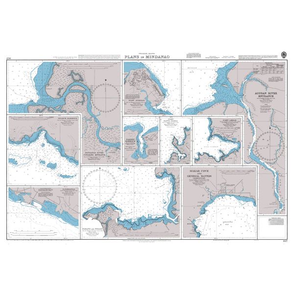 Product image of Admiralty Chart 957 | Plans in Mindanao, featuring navigational markings, depth soundings, and coastal features, essential for safe marine navigation. It could be displayed as an art piece or used for navigation on a boat or ship.