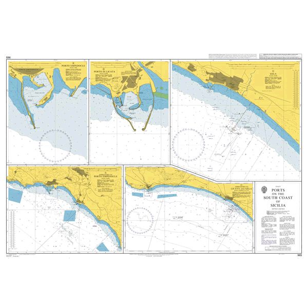 Product image of Admiralty Chart 965 | Ports on the South Coast of Sicilia, featuring navigational markings, depth soundings, and coastal features, essential for safe marine navigation. It could be displayed as an art piece or used for navigation on a boat or ship.