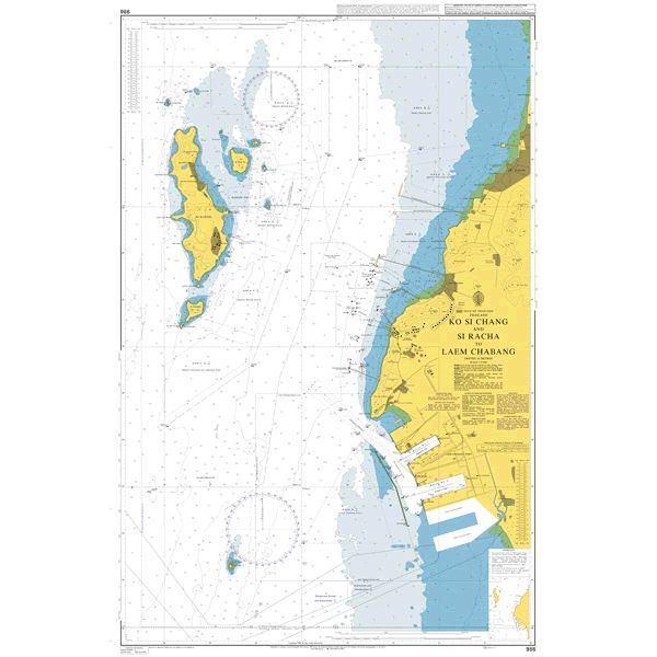 Product image of Admiralty Chart 986 | Ko Si Chang and Si Racha to Laem Chabang, featuring navigational markings, depth soundings, and coastal features, essential for safe marine navigation. It could be displayed as an art piece or used for navigation on a boat or ship.