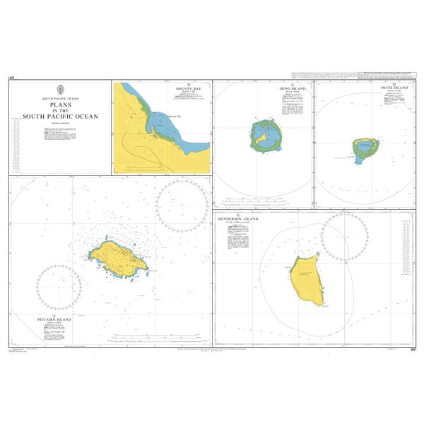 Product image of Admiralty Chart 991 | Plans in the South Pacific Ocean, featuring navigational markings, depth soundings, and coastal features, essential for safe marine navigation. It could be displayed as an art piece or used for navigation on a boat or ship.