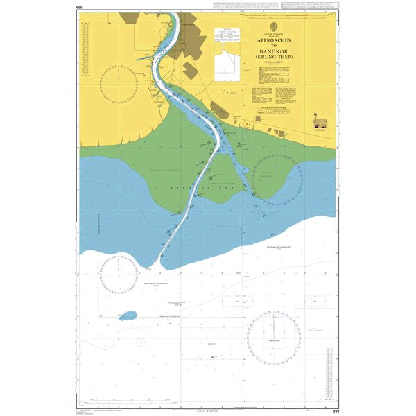 Product image of Admiralty Chart 999 | Approaches to Bangkok (Krung Thep), featuring navigational markings, depth soundings, and coastal features, essential for safe marine navigation. It could be displayed as an art piece or used for navigation on a boat or ship.