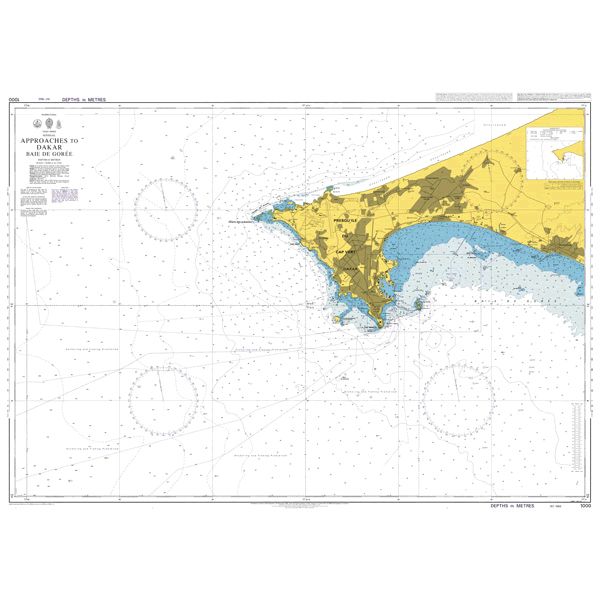 Product image of Admiralty Chart 1000 | Approaches to Dakar Baie de Goree, featuring navigational markings, depth soundings, and coastal features, essential for safe marine navigation. It could be displayed as an art piece or used for navigation on a boat or ship.