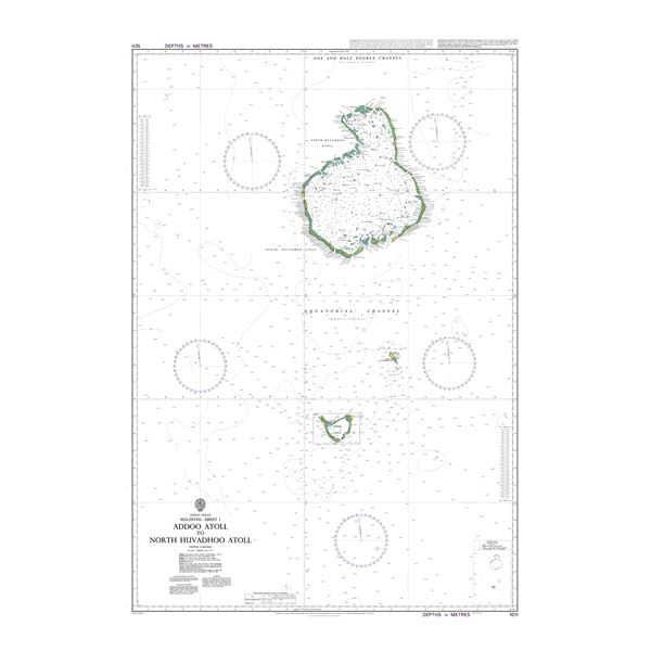 Product image of Admiralty Chart 1011 | Addu Atholhu to Huvadhu Atholhu Uthuruburi, featuring navigational markings, depth soundings, and coastal features, essential for safe marine navigation. It could be displayed as an art piece or used for navigation on a boat or ship.