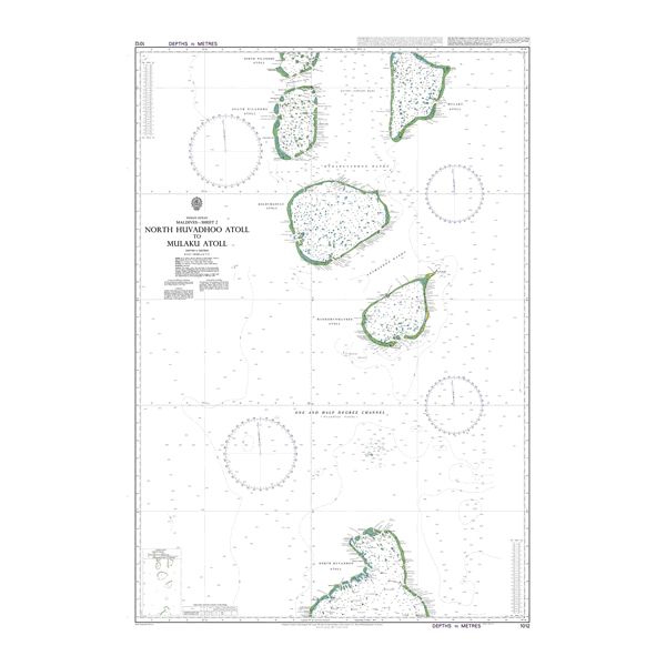 Product image of Admiralty Chart 1012 | Huvadhu Atholhu Uthuruburi to Mulaku Atholhu, featuring navigational markings, depth soundings, and coastal features, essential for safe marine navigation. It could be displayed as an art piece or used for navigation on a boat or ship.