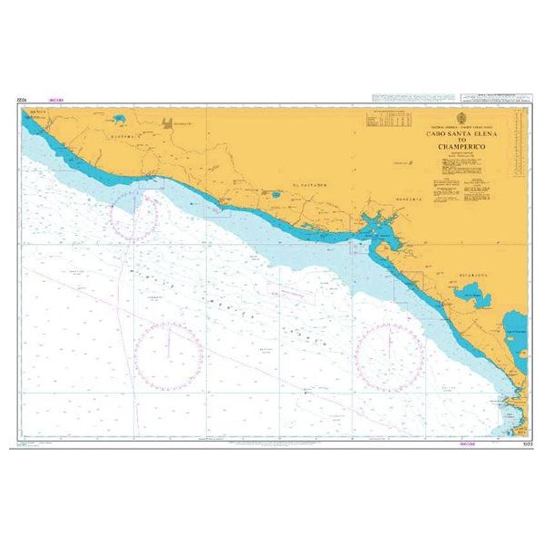 Product image of Admiralty Chart 1022 | Cabo Santa Elena to Champerico, featuring navigational markings, depth soundings, and coastal features, essential for safe marine navigation. It could be displayed as an art piece or used for navigation on a boat or ship.