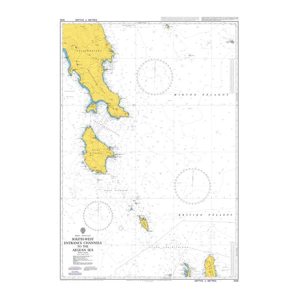 Product image of Admiralty Chart 1030 | South-West Entrance Channels to the Aegean Sea, featuring navigational markings, depth soundings, and coastal features, essential for safe marine navigation. It could be displayed as an art piece or used for navigation on a boat or ship.