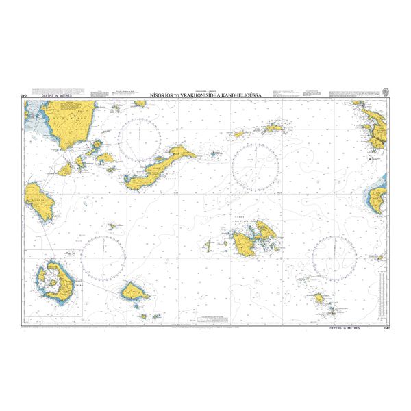 Product image of Admiralty Chart 1040 | Nisos Ios to Vrachonisida Kandelioussa, featuring navigational markings, depth soundings, and coastal features, essential for safe marine navigation. It could be displayed as an art piece or used for navigation on a boat or ship.