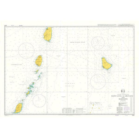 Product image of Admiralty Chart 1043 | Saint Lucia to Grenada and Barbados, featuring navigational markings, depth soundings, and coastal features, essential for safe marine navigation. It could be displayed as an art piece or used for navigation on a boat or ship.